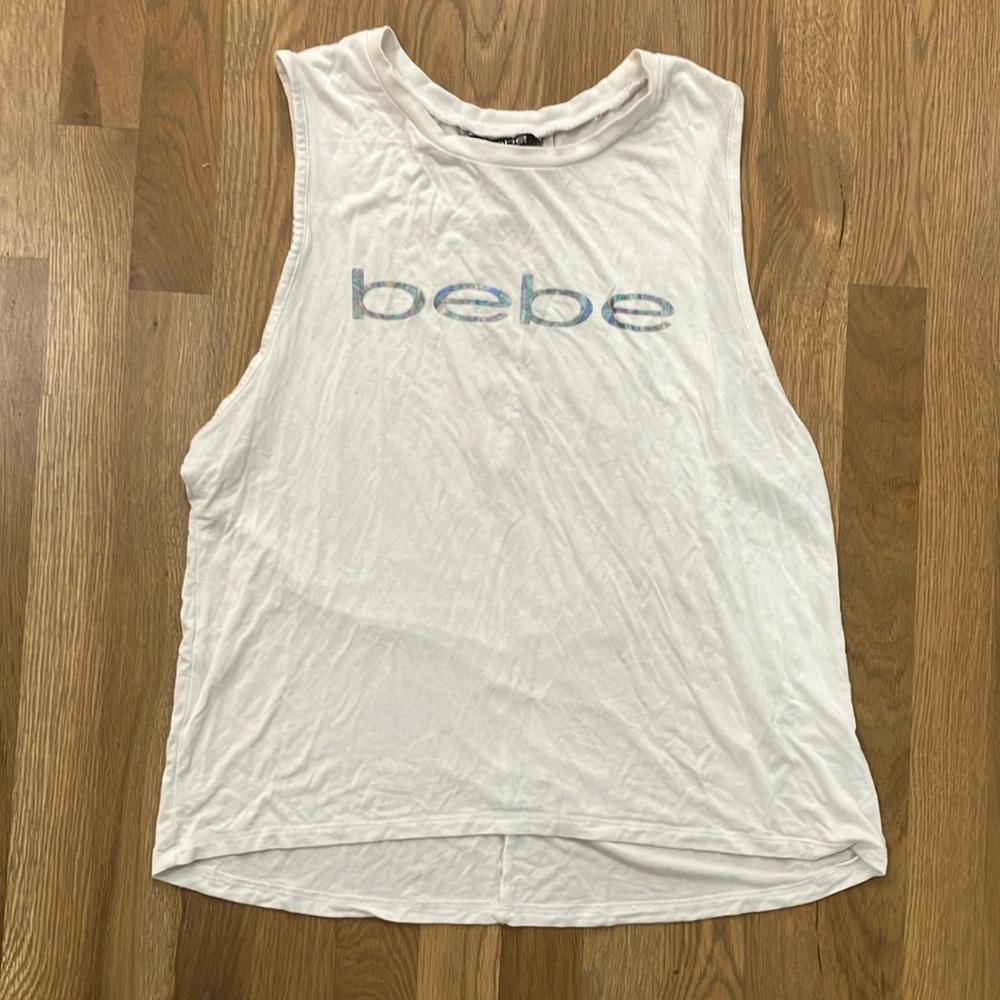 Bebe Sports Women's White Silver Athletic Rayon Tank Top Sleeveless Shirt